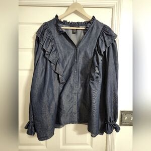 Ashley Stewart blue ruffle front shirt button front western casual size 24